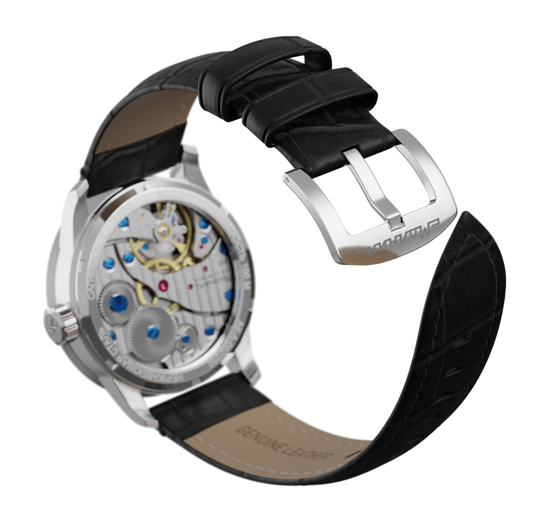 Embossed genuine leather, black, buckle clasp