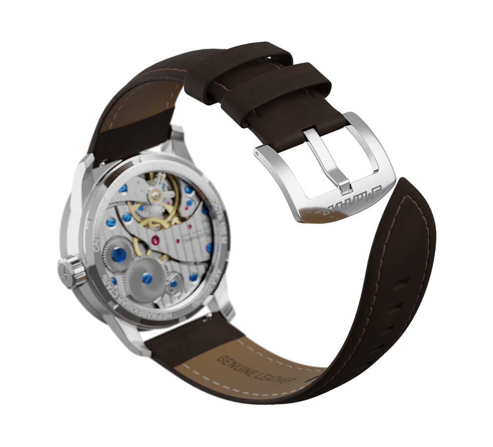 Dark brown nubuck genuine leather strap with quick-change system, buckle clasp