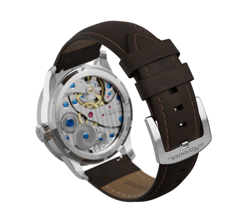 Dark brown nubuck genuine leather strap with quick-change system, buckle clasp
